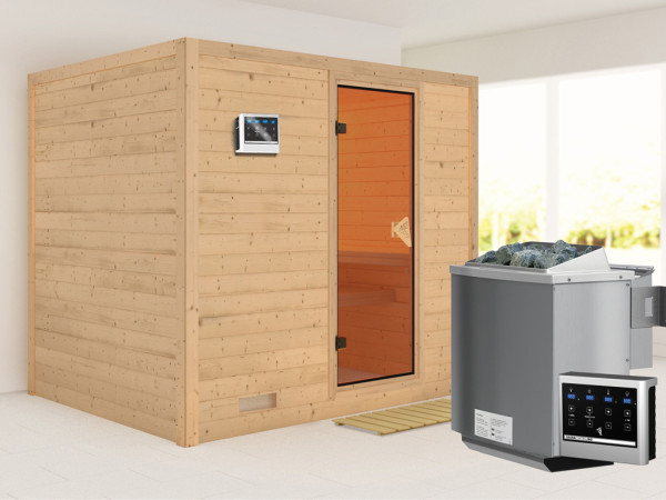 Massieve sauna Sonara kompleet transparente gebronsde glazen deur incl.9kW Bio-kachel ext. besturing
