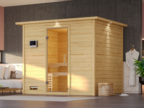 Massieve sauna Sonara met dakkraag, transparent glazen deur+9kW Bio-Combi-kachel met ext. besturing