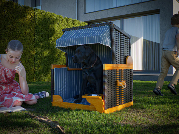 Strandkorf voor honden Wicker "Vind" antraciet-blauw-wit inclusief Beschermhoes