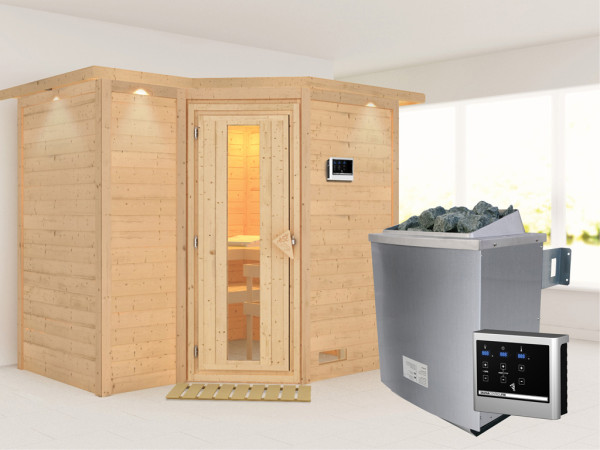 Massieve sauna Sahib 2 met dakkraag, houten deur met geïsoleerd glas, incl.9kW kachel ext. besturing