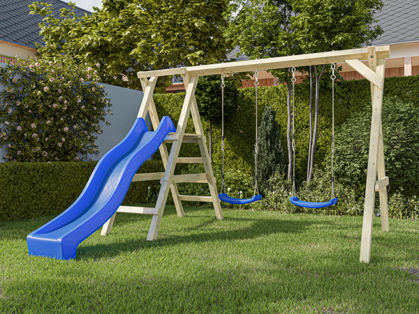 Dubbele schommel met platform Cosy Double KDI incl. glijbaan blauw + 2 schommelzitjes blauw