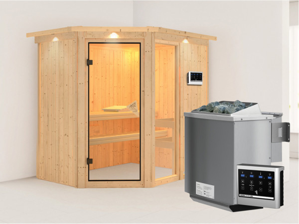 Systeemsauna Fiona 1 met dakkraag, incl. 9 kW Bio-Combi-kachel ext. besturing