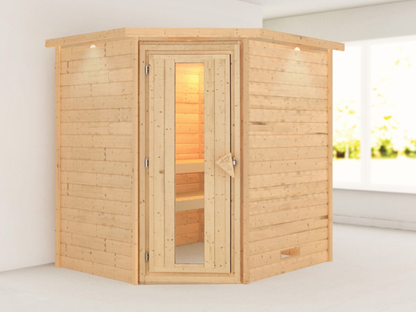 Massieve sauna Mia met dakkraag, incl. 4,5 kW kachel met int. besturing