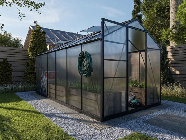 Tuinkas aluminium Perseus zwart polycarbonaat platen 4 mm