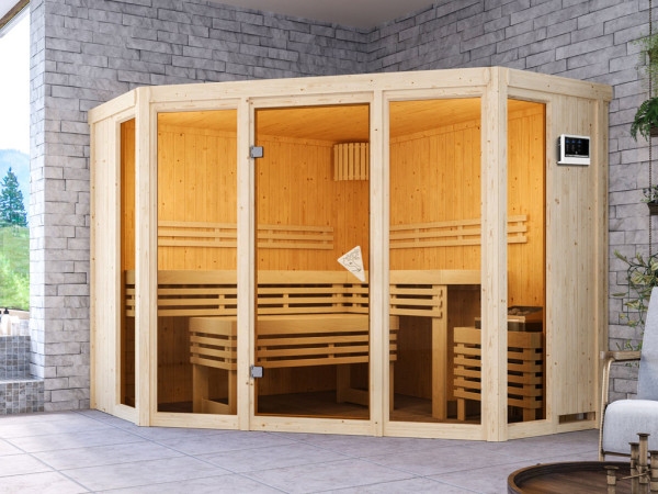 Sauna Alcinda met gebronsde glazen deur + 9 kW saunakachel ext. besturing