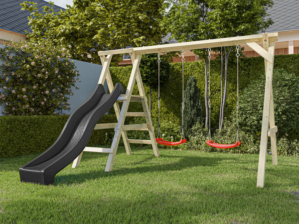 Dubbele schommel met platform Cosy Double KDI incl. glijbaan grijs + 2 schommelzitjes rood