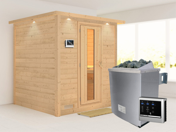 Massieve sauna Mojave met dakkraag, houten deur met geïsoleerd glas, incl. 9kW kachel ext. besturing