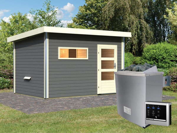 Saunahaus Skrollan 3 met moderne deur terragrijs + 9 kW saunakachel ext. besturing