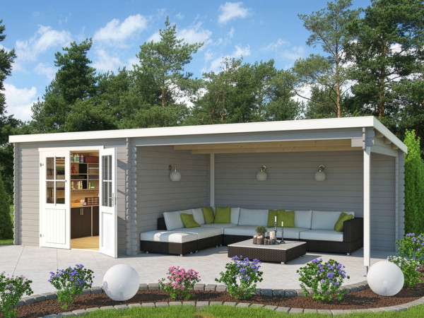 Blokhut St. Louis Exclusief 28 mm lichtgrijs met 4 m aanbouw